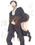  1boy 1girl :o ^^^ black_cardigan black_eyes black_hair black_legwear black_suit blush bow bowtie brown_eyes brown_hair business_suit cardigan carrying carrying_under_arm clenched_teeth cowboy_shot formal grey_skirt half-closed_eyes heavy hige_wo_soru._soshite_joshikousei_wo_hirou. highres kneehighs loafers long_hair long_sleeves looking_down looking_up loose_bowtie ogiwara_sayu open_clothes open_mouth open_shirt person_carrying plaid plaid_skirt red_neckwear school_uniform shirt shoes simple_background sincos sketch skirt struggling suit teeth translation_request trembling white_background white_shirt yoshida_(higehiro) 