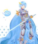  1boy angel_wings archangeling armor armored_boots bangs blue_cape blue_eyes blue_hair boots breastplate cape closed_mouth commentary_request eyebrows_visible_through_hair feet_out_of_frame hair_between_eyes halo holding holding_sword holding_weapon leg_armor looking_to_the_side misuguu pauldrons ragnarok_online rune_knight_(ragnarok_online) short_hair shoulder_armor slime_(creature) sparkle spiked_pauldrons sword weapon white_background wings 