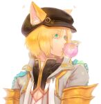  1boy animal_ears bangs beret blonde_hair blue_eyes brown_headwear bubble_blowing cat_ears chain chewing_gum coat commentary_request eyebrows_visible_through_hair eyes_visible_through_hair grey_coat hair_between_eyes hat looking_to_the_side male_focus misuguu open_mouth ragnarok_online shirt short_hair simple_background solo upper_body warlock_(ragnarok_online) white_background white_shirt 