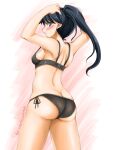  1girl akimoto_dai artist_name black_bra black_eyes black_hair black_panties bra butt_crack commentary_request cowboy_shot dated from_behind houshou_(kancolle) kantai_collection long_hair looking_at_viewer looking_back panties ponytail side-tie_panties solo underwear underwear_only 