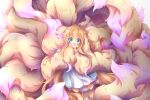  1girl :d absurdly_long_hair absurdres animal_ear_fluff animal_ears blue_eyes dress fang fluffy fox_ears fox_girl fox_tail full_body highres holding_own_tail huge_filesize light_brown_hair long_hair long_sleeves looking_at_viewer macaroni710 multicolored multicolored_tail open_mouth original pink_tail skin_fang smile tail too_much_fluff very_long_hair 