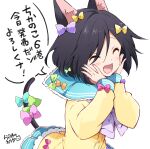  1girl :d ^_^ animal_ear_fluff animal_ears bangs black_hair blue_bow blue_nails blue_sailor_collar blue_skirt blush bow brown_nails cat_ears cat_girl cat_tail chikanoko closed_eyes commentary_request eyebrows_visible_through_hair eyes_visible_through_hair green_bow green_nails hair_bow hands_on_own_face hands_up highres long_sleeves multicolored multicolored_nails nail_polish open_mouth pink_bow pink_nails pleated_skirt purple_bow ragho_no_erika sailor_collar shirt simple_background skirt sleeves_past_wrists smile solo tail tail_bow tail_ornament tail_raised translated white_background yellow_bow yellow_shirt 