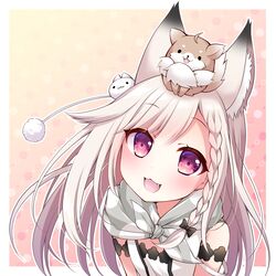  1girl :3 :d animal_ear_fluff animal_ears animal_on_head animare braid fang highres long_hair neckerchief on_head open_mouth pink_eyes shiromiya_mimi silver_hair sleeveless smile usaba_(usabara_c) virtual_youtuber 