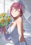  1girl ^_^ bare_shoulders blush bouquet breasts bridal_veil closed_eyes dress facing_viewer flower go-toubun_no_hanayome grin highres holding holding_bouquet indoors medium_breasts nakano_ichika parted_lips pink_hair see-through short_hair signature smile solo sooon sparkle strapless strapless_dress teeth upper_body veil wedding_dress white_dress 