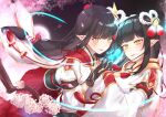  2girls black_hair blush hinoa ichinose_ito japanese_clothes kimono long_hair minoto monster_hunter monster_hunter_(series) monster_hunter_rise pointy_ears siblings twins 