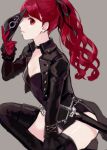  1girl bangs black_footwear black_jacket black_legwear boots breasts closed_mouth from_side grey_background hair_ribbon holding holding_mask jacket leotard long_hair long_sleeves mask persona persona_5 persona_5_the_royal ponytail profile red_eyes redhead ribbon sheath sheathed simple_background small_breasts solo thigh-highs thigh_boots tyo197snh weapon yoshizawa_kasumi 