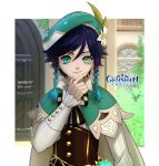  1boy androgynous artist_name bangs beret black_hair blue_hair blurry blurry_background bow braid building cape closed_mouth collared_cape collared_shirt copyright_name corset door english_text flower frilled_sleeves frills genshin_impact gradient_hair green_eyes green_headwear hand_on_own_chin hat hat_flower highres leaf long_sleeves looking_at_viewer male_focus miari97 multicolored_hair pixiv_id shirt short_hair_with_long_locks smile solo twin_braids venti_(genshin_impact) vision_(genshin_impact) white_flower white_shirt window 
