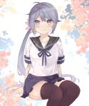  1girl akebono_(kancolle) bell black_legwear blue_sailor_collar blue_skirt floral_background flower hair_bell hair_flower hair_ornament invisible_chair jingle_bell kantai_collection long_hair looking_at_viewer pleated_skirt purple_hair remodel_(kantai_collection) saiki_yuzuri sailor_collar school_uniform serafuku short_sleeves side_ponytail sitting skirt solo thigh-highs very_long_hair violet_eyes white_background 