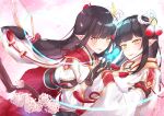  2girls black_hair blush hinoa ichinose_ito japanese_clothes kimono long_hair minoto monster_hunter monster_hunter_(series) monster_hunter_rise pointy_ears siblings twins 