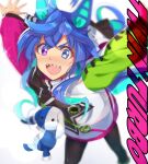  1girl :d animal_ears arms_up bangs black_legwear blue_eyes blue_hair blurry blurry_background character_name depth_of_field green_footwear hair_between_eyes heterochromia highres horse_ears jacket kabocha_(monkey4) long_hair looking_at_viewer multicolored_hair open_mouth outstretched_arms pantyhose sharp_teeth shoes smile solo stuffed_animal stuffed_bunny stuffed_toy teeth thick_eyebrows twin_turbo_(umamusume) two-tone_hair umamusume very_long_hair violet_eyes white_jacket 