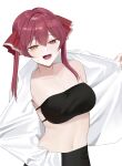  1girl absurdres bangs blush breasts heterochromia highres hololive houshou_marine long_hair looking_at_viewer navel open_clothes red_eyes redhead ribbon sewally2 smile solo twintails virtual_youtuber yellow_eyes 