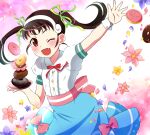  1girl absurdres blue_skirt blush cherry_blossoms doughnut fang food green_ribbon hachikuji_mayoi highres mashimaro_tabetai monogatari_(series) one_eye_closed pink_ribbon red_eyes red_ribbon ribbon skin_fang skirt solo twintails wrist_cuffs 