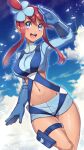  1girl bangs blue_eyes blue_gloves blue_jacket blue_shorts blush breasts clouds commentary_request cropped_jacket day eyelashes gloves gym_leader hair_ornament highres jacket looking_at_viewer midriff navel one_side_up open_mouth outdoors pokemon pokemon_(game) pokemon_bw redhead salute shiny shiny_skin short_hair_with_long_locks short_shorts shorts sidelocks sky skyla_(pokemon) smile solo thigh_pouch tied_hair tongue turtleneck upper_teeth yasu_suupatenin 