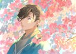  1boy blue_jacket brown_hair cherry_blossoms dappled_sunlight fate/grand_order fate_(series) flower grey_kimono hair_over_one_eye hair_pulled_back haori jacket japanese_clothes kimono looking_at_viewer male_focus n_oel pink_flower short_hair smile solo sunlight upper_body violet_eyes yamanami_keisuke_(fate) 