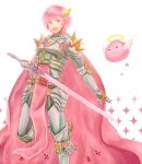  1boy angel_wings angeling armor armored_boots bangs blue_eyes boots breastplate cape commentary_request eyebrows_visible_through_hair foot_out_of_frame hair_between_eyes halo holding holding_sword holding_weapon leg_armor leg_up looking_to_the_side misuguu open_mouth pauldrons pink_cape pink_hair ragnarok_online rune_knight_(ragnarok_online) short_hair shoulder_armor slime_(creature) sparkle spiked_pauldrons sword weapon white_background wings 