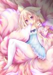  1girl absurdres animal_ear_fluff animal_ears biting blonde_hair fox_ears fox_girl fox_tail full_body highres holding_own_tail long_hair macaroni710 multicolored multicolored_tail nightgown original pink_tail strap_slip tail tail_biting tail_in_mputh thigh-highs too_much_fluff white_legwear zettai_ryouiki 