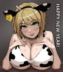  1girl :p absurdres animal_ears animal_print blonde_hair blush breast_rest breasts chinese_zodiac cow_ears cow_girl cow_horns cow_print crop_top ear_tag english_text eyebrows_visible_through_hair fake_animal_ears gigle green_eyes happy_new_year highres horns huge_breasts looking_at_viewer mole mole_on_breast mole_under_eye new_year original short_hair solo sweat tongue tongue_out under_boob year_of_the_ox 