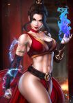 1girl abs avatar:_the_last_airbender avatar_(series) azula bare_shoulders blue_fire breasts brown_eyes brown_hair commentary dandon_fuga electricity fire highres large_breasts lipstick long_hair looking_at_viewer makeup midriff navel ponytail smile solo thick_thighs thighs 