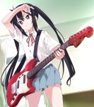 1girl arm_up bangs black_hair blush brown_eyes commentary curtains fender grey_skirt guitar hair_between_eyes holding holding_instrument instrument ixy k-on! long_hair nakano_azusa neck_ribbon red_ribbon ribbon school_uniform shirt short_sleeves skirt solo sweat sweatdrop twintails white_shirt window