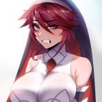  1girl bare_shoulders blush breasts clenched_teeth elbow_gloves eyebrows_visible_through_hair genshin_impact gloves hair_between_eyes half-closed_eyes large_breasts looking_at_viewer nun purple_hair rosaria_(genshin_impact) short_hair solo teeth upper_body veil violet_eyes 