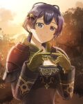  1girl armor bangs bernadetta_von_varley bow commentary_request earrings fingers_together fire_emblem fire_emblem:_three_houses gloves grey_eyes hair_bow hair_ornament jewelry long_sleeves outdoors pochi_(furaigonn) purple_hair short_hair short_hair_with_long_locks shoulder_armor smile solo tree twitter_username upper_body yellow_gloves 