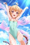  1girl :d andira_(granblue_fantasy) animal_ears antenna_hair arms_up bangs blonde_hair blue_sky blue_swimsuit blush casual_one-piece_swimsuit clouds commentary_request covered_navel day double_bun erune eyebrows_visible_through_hair flower granblue_fantasy groin hair_between_eyes hair_flower hair_ornament highres looking_at_viewer monkey_ears monkey_girl monkey_tail one-piece_swimsuit open_mouth outdoors red_eyes sky smile solo splashing sunlight swimsuit tail tomo_(tmtm_mf_mf) water white_flower 