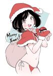  1girl :d bikini black_hair blue_background blush brown_eyes capelet fur-trimmed_capelet fur-trimmed_headwear fur-trimmed_mittens fur_trim hat holding holding_poke_ball merry_christmas mittens navel open_mouth poke_ball poke_ball_(basic) pokemon pokemon_(game) pokemon_sm red_bikini red_capelet red_headwear red_mittens santa_hat selene_(pokemon) side-tie_bikini smile solo speech_bubble swimsuit toku_(ke7416613) two-tone_background upper_teeth white_background 