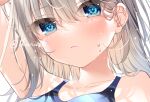  1girl arm_up blue_eyes blush breasts close-up face long_hair looking_at_viewer mafuyu_(chibi21) medium_breasts original silver_hair solo swimsuit wet 