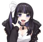  1girl :d black_choker black_jacket bow breasts choker hair_bow hand_up index_finger_raised jacket looking_at_viewer medium_breasts open_clothes open_jacket open_mouth shirt simple_background smile solo tongue tongue_out twitter_username upper_body white_background white_bow white_shirt yoako 