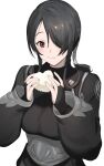  1girl :t black-haired_headhunter_(km_yama) black_hair bridal_gauntlets fingernails food food_on_face hands_up highres holding holding_food km_yama long_hair long_sleeves one_eye_covered original rice rice_on_face simple_background smile solo symbol_commentary underbust upper_body white_background 