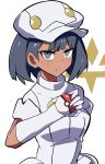  1girl aether_foundation_employee bangs black_hair bob_cut closed_mouth dark_skin dark-skinned_female dress eyebrows_visible_through_hair gloves grey_eyes hat highres holding holding_poke_ball looking_at_viewer poke_ball pokemon pokemon_(game) pokemon_sm solo synchroman upper_body white_dress white_gloves white_headwear 