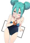  1girl aqua_eyes aqua_hair blue_swimsuit blush breasts covered_navel double_bun h2o_(ddks2923) hair_between_eyes hatsune_miku highres looking_at_viewer one-piece_swimsuit school_swimsuit scrunchie simple_background small_breasts smile solo swimsuit v vocaloid white_background 