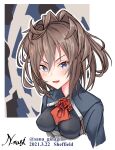  1girl absurdres artist_name ascot blue_eyes breasts brown_hair character_name dated flower highres impossible_clothes kantai_collection long_hair looking_at_viewer medium_breasts messy_hair military military_uniform nagisa_nagi red_flower red_neckwear red_rose rose sheffield_(kancolle) solo twitter_username uniform upper_body 
