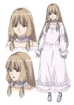  1girl amano_yoki bangs bare_shoulders blunt_bangs brown_eyes character_sheet choker commentary_request dress eyebrows_visible_through_hair frilled_choker frilled_dress frills full_body hair_tubes light_brown_hair long_dress long_hair original ribbon-trimmed_sleeves ribbon_trim sidelocks sleeves_past_wrists solo 