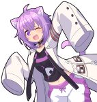  1girl agnes_tachyon_(umamusume) agnes_tachyon_(umamusume)_(cosplay) ahoge animal_ears cat_ears cat_tail collar cosplay fang food highres hololive labcoat midriff navel nekomata_okayu one_eye_closed onigiri onigiri_print purple_hair sleeves_past_fingers sleeves_past_wrists tail tomoyohi umamusume violet_eyes 