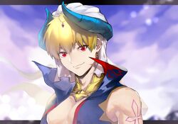  1boy arabian_clothes bangs blonde_hair blue_horns blurry blurry_background clothing_request earrings fate/grand_order fate_(series) gilgamesh_(caster)_(fate) gilgamesh_(fate) highres horns jewelry portrait red_eyes short_hair shoulder_tattoo sleeveless smile solo suzumetarou tattoo white_headwear 