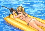  1girl absurdres aiming ass bikini blonde_hair chanta_(ayatakaoisii) facing_away from_behind gun highres holding holding_gun holding_weapon inflatable_raft lying ocean on_stomach original parody ponytail rifle side-tie_bikini sniper_rifle solo swimsuit weapon white_bikini 