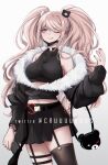  1girl belt black_skirt blue_eyes breasts commentary criis-chan dangan_ronpa:_trigger_happy_havoc dangan_ronpa_(series) enoshima_junko garter_straps hair_ornament long_hair nail_polish one_eye_closed red_nails skirt smile solo thigh-highs tongue tongue_out twintails 