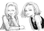  1girl android_18 blush closed_eyes dragon_ball dragon_ball_z earrings fujii_eishun greyscale half-closed_eyes hand_on_own_face highres jewelry looking_at_viewer monochrome multiple_views short_hair tongue tongue_out upper_body v-shaped_eyebrows 