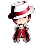  1boy archbishop_(ragnarok_online) chibi closed_mouth coat commentary_request fedora full_body hands_in_pockets hat looking_at_viewer norapeko open_clothes open_coat pants ragnarok_online red_coat red_eyes redhead shiny shiny_hair short_hair simple_background solo two-tone_coat white_background white_coat white_headwear white_pants 