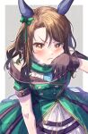  1girl animal_ears bangs bare_shoulders black_gloves blush bow brown_hair commentary_request dress eyebrows_visible_through_hair gloves green_bow green_jacket grey_background hair_between_eyes hair_bow hand_up highres horse_ears ittokyu jacket king_halo_(umamusume) long_hair looking_at_viewer off-shoulder_jacket one_side_up parted_lips red_eyes sleeveless sleeveless_dress solo sweat two-tone_background umamusume v-shaped_eyebrows white_background white_dress 