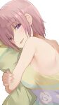  1girl bangs bare_shoulders blush breasts commentary dress eyebrows_visible_through_hair floral_print flower from_side go-toubun_no_hanayome highres hiroki_(yyqw7151) looking_at_viewer medium_breasts nakano_ichika object_hug open_mouth pillow pink_hair rose shiny shiny_hair short_hair simple_background smile solo strapless strapless_dress violet_eyes white_background yellow_dress 