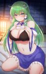  1girl absurdres black_bra blue_skirt bra breasts commentary_request frog_hair_ornament green_hair hair_ornament highres kochiya_sanae large_breasts lifted_by_self long_hair looking_at_viewer shirt shirt_lift sitting skirt snake_hair_ornament solo tksand touhou underwear white_shirt 