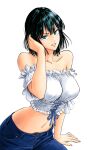  1girl absurdres bare_shoulders black_hair blue_pants breasts cowboy_shot crop_top frilled_shirt frills fubuki_(one-punch_man) green_eyes hand_up highres hkhk0726 large_breasts looking_at_viewer medium_hair midriff navel off-shoulder_shirt off_shoulder one-punch_man pants parted_lips shirt short_sleeves simple_background smile solo white_background white_shirt 