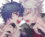  2boys argonavis_from_bang_dream! asahi_nayuta bang_dream! blue_hair face-to-face fang highres himishiro holding holding_microphone male_focus microphone multiple_boys nanahoshi_ren open_mouth red_eyes scarf upper_body violet_eyes white_hair 