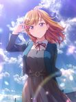  1girl bangs birthday breasts clouds cloudy_sky commentary_request duplicate eyebrows_visible_through_hair long_hair long_sleeves looking_at_viewer love_live! love_live!_superstar!! medium_breasts orange_hair rainbow school_uniform shamakho shibuya_kanon shiny shiny_hair signature sky solo violet_eyes yuigaoka_school_uniform 