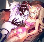  2girls animal_ears aqua_eyes bangs black_gloves black_hair blonde_hair breasts character_request couch cowboy_shot draculita earrings elbow_gloves eyeball_hair_ornament fishnet_legwear fishnets gloves hair_ornament hairclip indie_virtual_youtuber jewelry long_hair lying medium_breasts multicolored_hair multiple_girls on_back on_side open_mouth optionaltypo pale_skin pink_eyes pointy_ears real_life sidelocks signature smile thigh-highs tongue tongue_out twintails two-tone_hair virtual_youtuber white_hair 