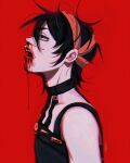 1boy black_hair blood blood_from_mouth blood_on_face chariko choker from_side highres jojo_no_kimyou_na_bouken male_focus messy_hair narancia_ghirga nosebleed open_mouth red_background signature solo vento_aureo violet_eyes 