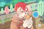  1boy aho_no_sakata animal_ears asamoya_1225 bench brown_hoodie burger camera_phone dog_ears dog_nose eating food highres hood hoodie male_focus niconico pov red_eyes redhead simple_background solo urashimasakatasen 