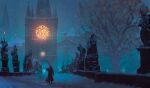  1other anato_finnstark bleeding blood bloodborne blue_theme castle coat commentary english_commentary from_behind hat highres snow statue tower tree walking 
